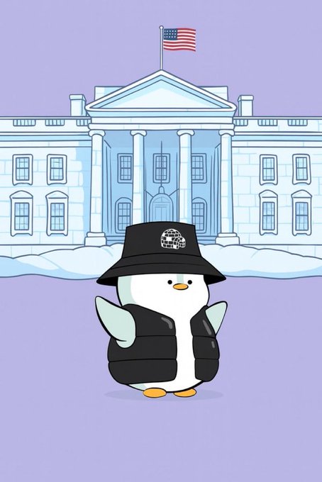 A cartoon illustration of a small penguin wearing a black bucket hat and a puffy vest standing in front of the White House against a purple background.