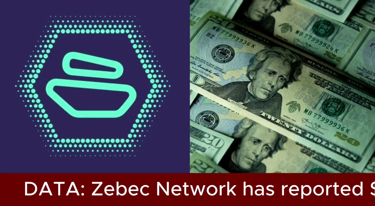 The image depicts a close-up of dollar bills stacked up on top of each other, with the text "Data + Zebec Network has reported" appearing below them. The image also includes two logos - one showing an upside-down green shield with a dollar bill inside and another logo that appears to be of a person with a dollar bill in their hand.