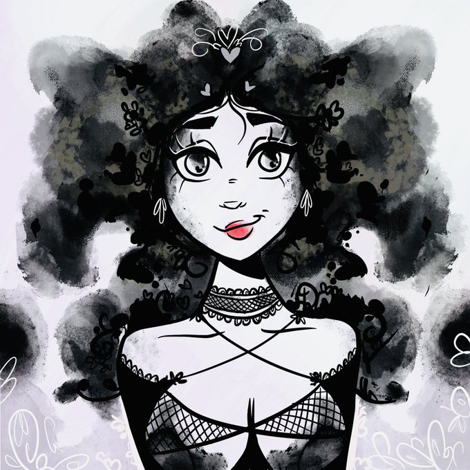 A black and white digital illustration of a female character with voluminous curly hair, red lips, and a lacy top.