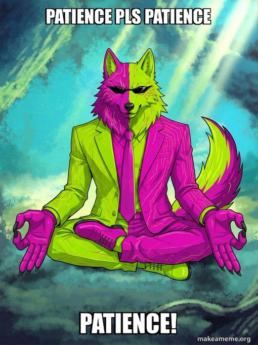 A 'makeameme.org' image of an anthropomorphic wolf/dog character in a neon green and magenta pinstripe suit sitting cross-legged in a meditative pose, with text 'PATIENCE PLS PATIENCE' above and 'PATIENCE!' below.