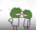 A crude cartoon drawing of two green Pepe-style frogs in white outfits hugging, appearing to be a simple sketch.