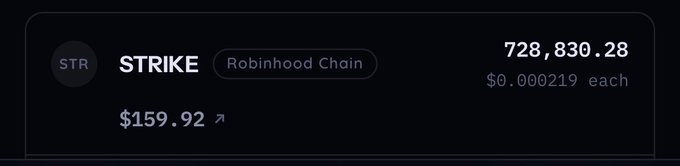 The image displays a Robinhood Chain wallet holding 728,830.28 STRK tokens valued at $159.92, with each token priced at approximately $0.000219. This appears to document the First-Mover Community Treasury's STRK holdings, likely used to compensate for prior losses and execute the buyback of blink tokens mentioned in the post.
