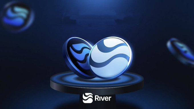 The image features a blue background with two white circles, one larger than the other, placed on top of a black surface. The text "River" is written below the circles, indicating that this is an advertisement for a cryptocurrency called River. The caption above the image reads "Good night Fam gRIVER A lot of projects talk about interoperability. @RiverdotInc is focusing on making liquidity coordination actually feel sustainable across chains. satUSD moving where liquidity is needed while collateral stays secured on its native network feels".
