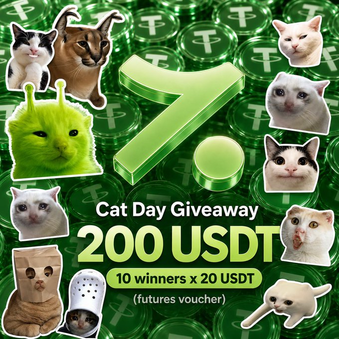 A promotional graphic for a "Cat Day Giveaway" featuring 200 USDT (10 winners x 20 USDT futures voucher), decorated with various cat stickers over a green Tether coin background, illustrating the last chance to join the crypto giveaway mentioned in the post.