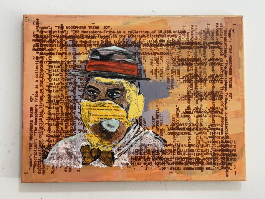 A mixed-media artwork on canvas depicts a figure wearing a hat and yellow face mask, surrounded by dense columns of black text referencing "THE NOOSPHERE TRIBE" and NFT-related metadata against a warm orange and gray background.

The painting visually echoes the post's reference to the artist's NFT project "Noosphere Tribe," with the visible on-chain text describing the 10,000 unique collectibles living on the Ethereum blockchain, tying the artwork to the urban crypto mural mentioned by the creator.