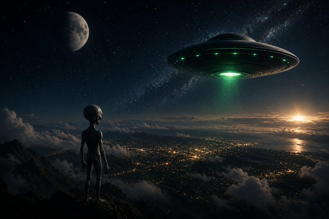The image features an alien standing on top of a cliff, looking down at a spaceship flying through space with green lights. The scene takes place against a backdrop of stars and clouds, creating a sense of depth and vastness. The caption provided is related to the development of the official UFO Coin website, which is now under construction.