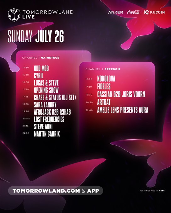 The image displays the Sunday, July 26 lineup schedule for Tomorrowland Live, featuring Channel 1 Mainstage performances starting at 14:30 with Odd Mob and ending at 22:50 with Martin Garrix, alongside Channel 2 Freedom acts from Korolova at 16:00 to Amelie Lens at 22:00 (CEST), sponsored by Anker, Coca-Cola, and KuCoin. It complements the post by promoting the live stream of the festival's final day at tomorrowland.com and in the Tomorrowland App.