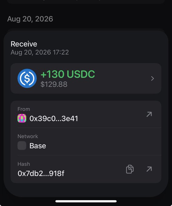 A screenshot of a crypto wallet showing a received transaction of +130 USDC (worth $129.88) on Aug 20, 2026 at 17:22, sent from address 0x39c0...3e41 on the Base network with transaction hash 0x7db2...918f—visually confirming the creator's $130 surprise tip referenced in the post.