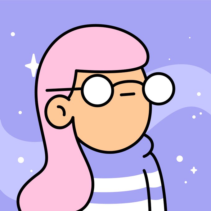 A cartoon illustration of a character with pink hair, round glasses, and a purple striped shirt against a starry lavender background.