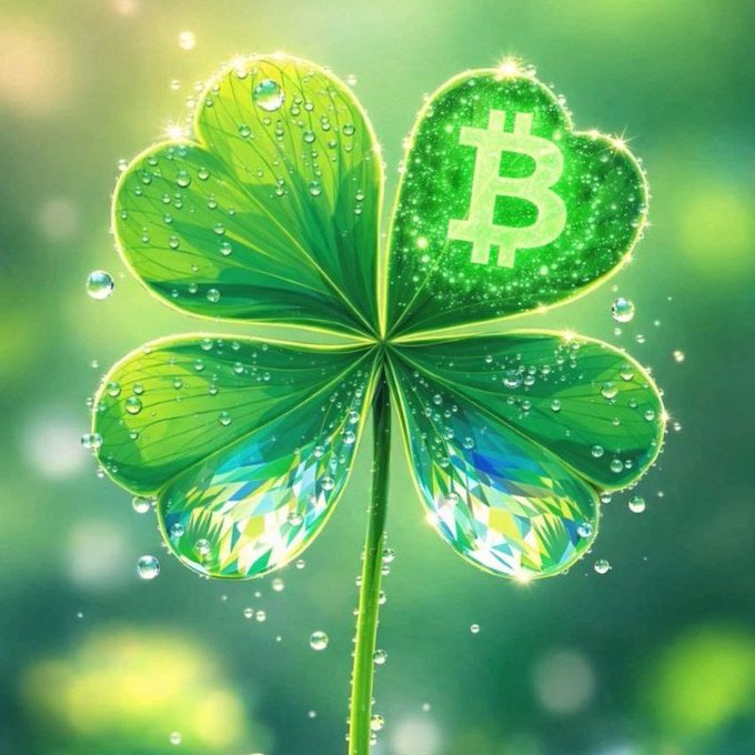 A digitally rendered green four-leaf clover covered in water droplets, with a Bitcoin symbol glowing on the upper right leaf against a soft green background.