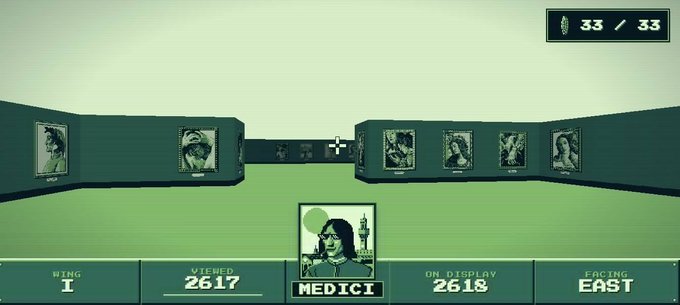 A pixel art art gallery or museum interface showing framed Renaissance-style portraits on green walls, with interface text including 'WING I', 'VIEWED 2617', 'ON DISPLAY 2618', 'FACING EAST', and '33 / 33' at the top right.