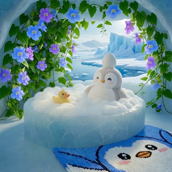 A whimsical, kawaii-style 3D scene featuring a cute snowman plush and a small yellow duck resting on a cloud-like surface, framed by green vines with blue and purple flowers, with an icy landscape in the background and a blue character rug in the foreground.