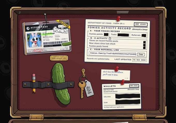 A detailed digital illustration of a corkboard displaying various Fomies activity records, wallet QR files, access passes, a cucumber strapped to a belt, and keys with a tag labeled '404'.