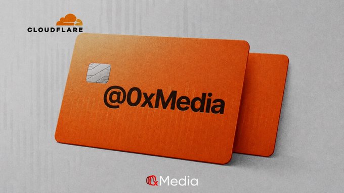 Promotional graphic showing an orange Cloudflare card branded with '@0xMedia' on a grey surface, with the OC&Media logo at the bottom.