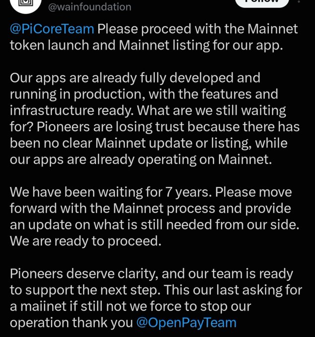 A tweet from @wainfoundation addressed to @PiCoreTeam requesting the Mainnet token launch and listing for their app.