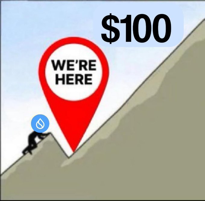 The image features a person climbing up a hill with a red dollar sign placed at the top of the slope, symbolizing their ascent towards $100. The caption beneath the image reads "SUI IS HIGHLY UNDERVALUED $SUI to $100 will happen soon".