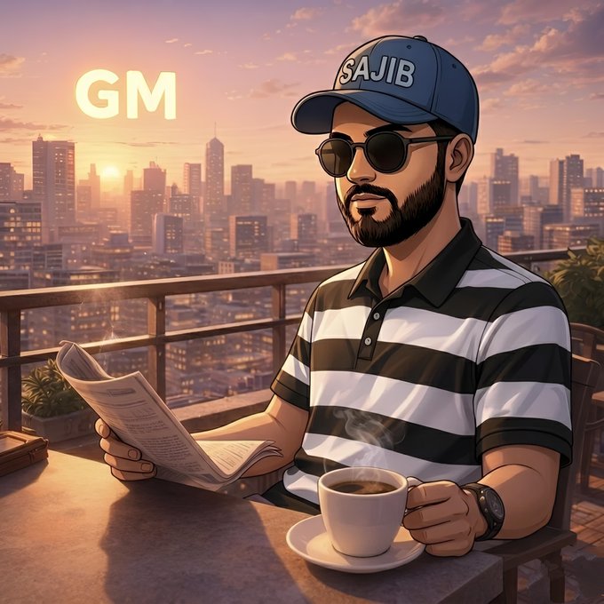 Stylized 'GM' (good morning) illustration of a bearded man wearing sunglasses and a blue 'SAJIB' cap, drinking coffee while reading a newspaper at a rooftop cafe overlooking a city skyline at sunrise.
