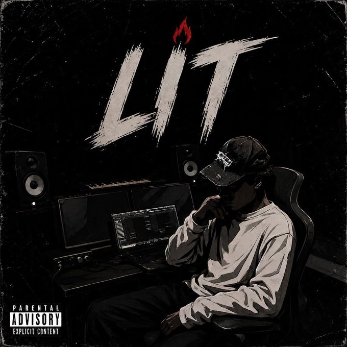 An album cover titled 'LIT' featuring a person in a white sweatshirt and dark cap sitting in a music studio setup, marked with a 'Parental Advisory Explicit Content' label.