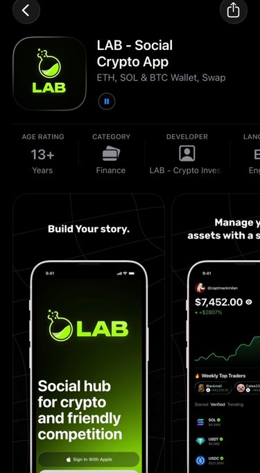 The image shows the App Store listing for "LAB - Social Crypto App," an ETH, SOL & BTC Wallet and Swap application developed by LAB - Crypto Invest, rated 13+ in the Finance category. Preview screens display the tagline "Build Your story. Social hub for crypto and friendly competition" alongside a portfolio view showing a $7,452.00 balance for user "@optimalrockman" (+$2807%) with trending tokens like SOL, USDT, and USDC. This visually supports the announcement of LAB's official iOS App Store launch, highlighting its trading features and accessibility for iPhone users.