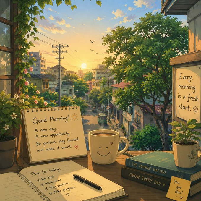 Cozy morning scene with a coffee mug, planner reading 'Good Morning! A new day... A new opportunity... Be positive, stay focused and make it count', a 'Plan for today' checklist, and motivational notes like 'Every morning is a fresh start' and 'You got this!' set against a sunset cityscape.
