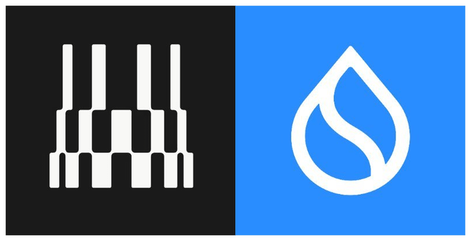 The image shows the logo for **Story Protocol** (the white comb/grid-like icon on a black background) alongside the **Sui Network** logo (the white water droplet icon on a blue background), representing the partnership in which DATA (formerly Story Protocol) is migrating to run natively on Sui.