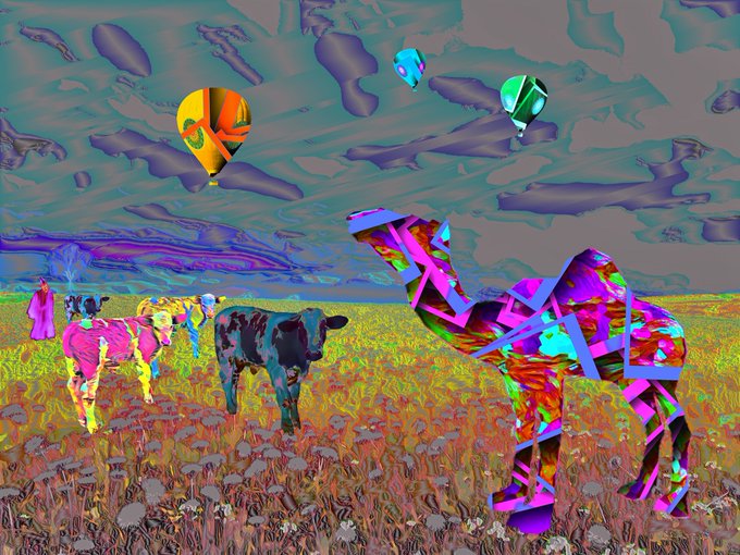 A vibrant, surreal digital painting features colorful cows in a flower field with two hot air balloons floating in a stylized blue sky.