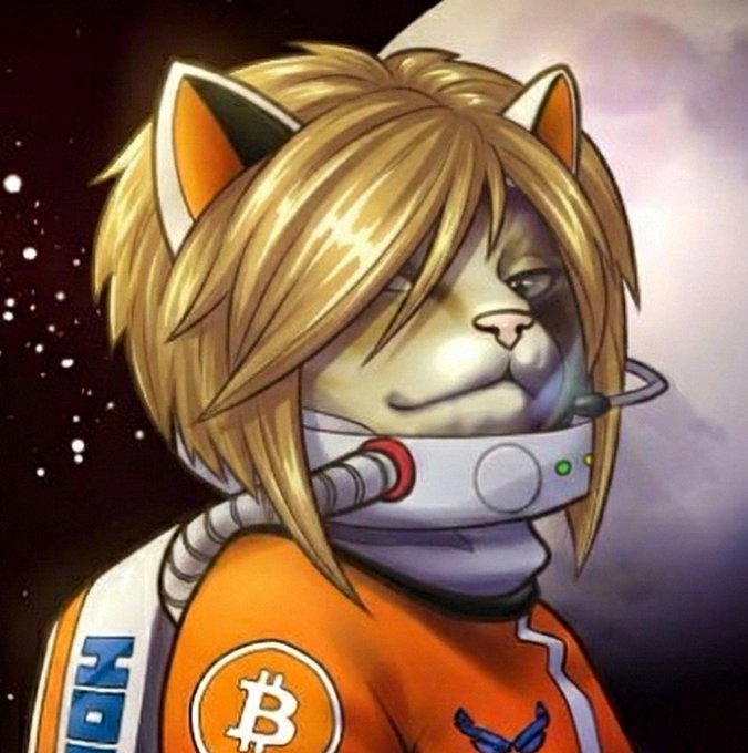 An anime-style portrait of a cat character wearing an orange spacesuit featuring a Bitcoin logo and the letters "MCH" on the sleeve, set against a starry space background.