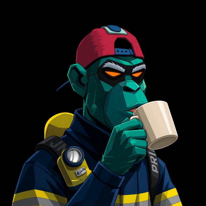 A stylized illustration of a green-skinned, glowing-eyed humanoid character in firefighter gear and a red cap drinking from a white mug.