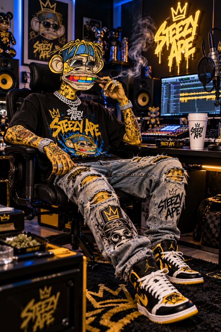 A stylized AI-generated image of a figure wearing 'Streezy Ape' branded clothing, including a shirt, ripped jeans, and Jordan sneakers, sitting in a recording studio with matching neon signage.