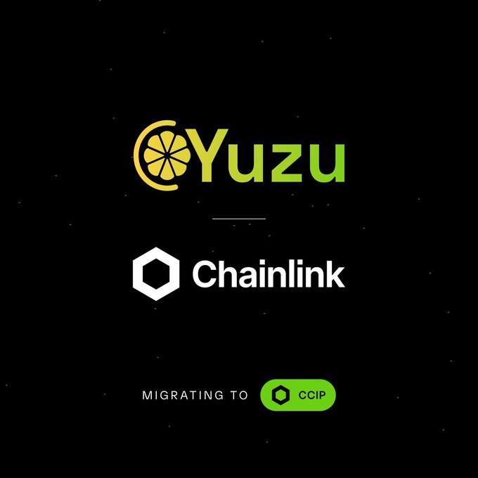 The image shows a Yuzu logo paired with the Chainlink logo, along with a "Migrating to CCIP" badge. The graphic visually reinforces the post's message by highlighting Yuzu's transition to Chainlink's Cross-Chain Interoperability Protocol (CCIP) for secure cross-chain functionality.