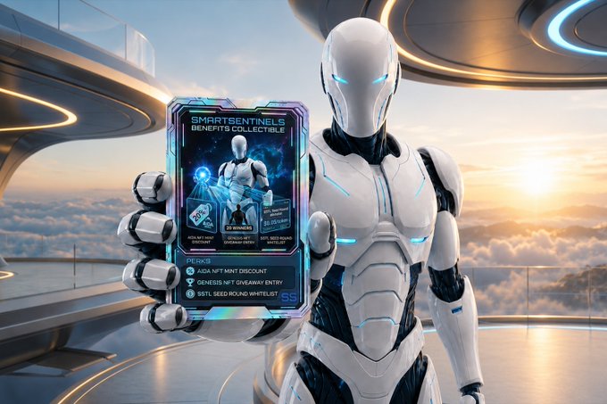 The image features a robot standing next to a building, holding up an item that appears to be a piece of paper or a card with information about a product or service. The text on the card suggests that this could be related to a rewards program for SmartSentinels users. The robot is wearing a white suit and has blue eyes, giving it a futuristic appearance.