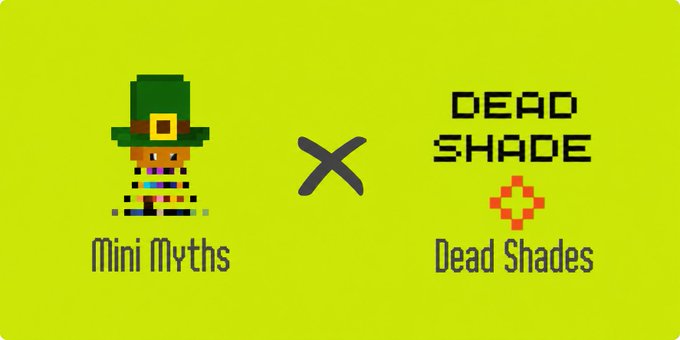 A yellow promotional graphic showing a collaboration between 'Mini Myths' pixel art character and 'Dead Shades' pixel sunglasses brand, separated by an X symbol.