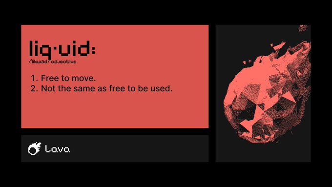 An artistic slide with a coral-red panel defining 'liq·uid' as an adjective meaning '1. Free to move. 2. Not the same as free to be used.' next to a geometric red skull illustration, branded with 'Lava'.