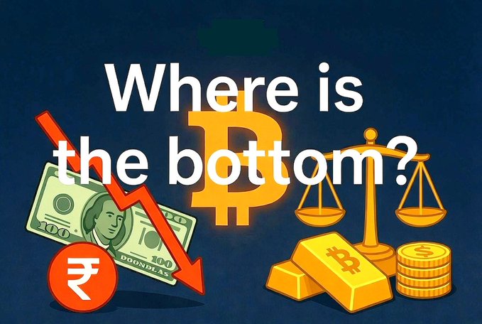 A graphic asking 'Where is the bottom?' featuring a Bitcoin symbol, a rupee symbol, dollar bills, gold bars, scales of justice, and a red downward-trending arrow.