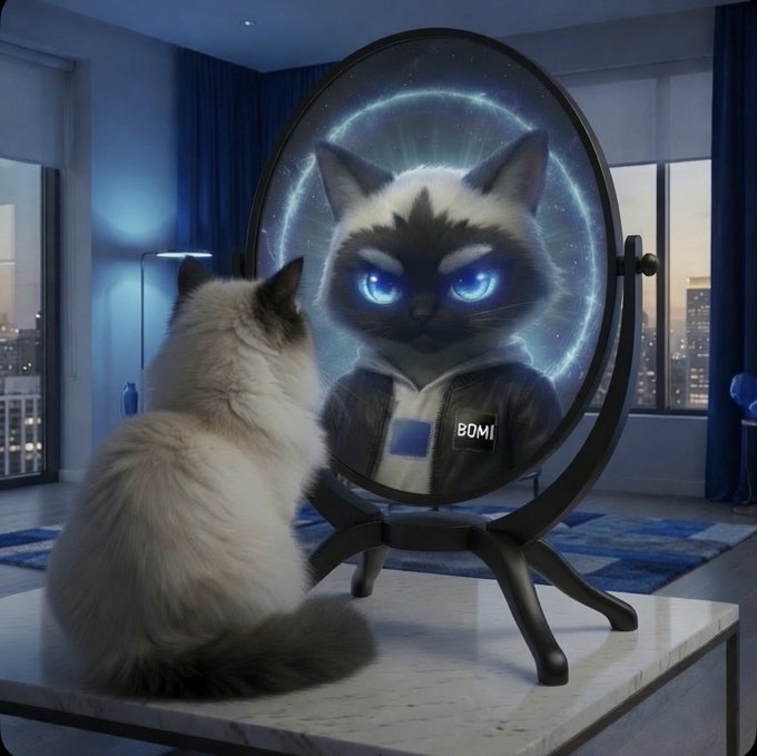 A fluffy cat sits on a table looking into a circular mirror that reflects a fierce, glowing-eyed version of itself wearing a spacesuit labeled 'BOMI'.