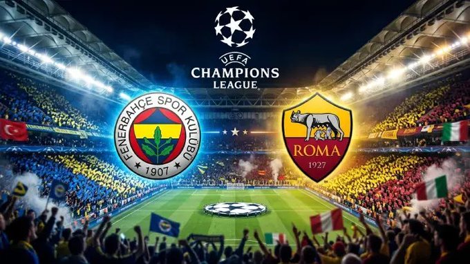 The image features a UEFA Champions League promotional graphic for an upcoming match between Fenerbahçe Spor Kulübü (founded 1907) and ROMA (founded 1927), with their team crests displayed prominently against a packed stadium backdrop. This matches the post announcing a $100 giveaway to a follower who correctly predicts the score of tonight's Fenerbahçe-Roma UEFA match at 19:45.