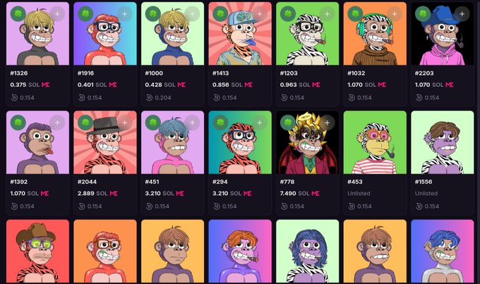 The image shows a grid of cartoon monkey NFT avatars from the $CHIMP collection, displaying numbered tokens (#1000–#2203) with listed prices in SOL ranging from 0.154 to 7.490, corresponding to the minting page referenced in the post (nft.chimpx.ai on Solana).