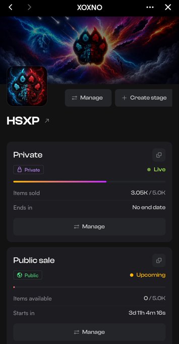 A mobile app screen titled 'XOXNO' showing an NFT collection called 'HSXP' with a Private sale marked Live (3.05K/5.0K items sold) and a Public sale marked Upcoming starting in 3d 11h 4m 16s.