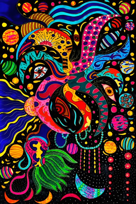 A vibrant, psychedelic abstract artwork featuring colorful patterns, swirling shapes, dots, and celestial motifs in bright neon colors against a black background.