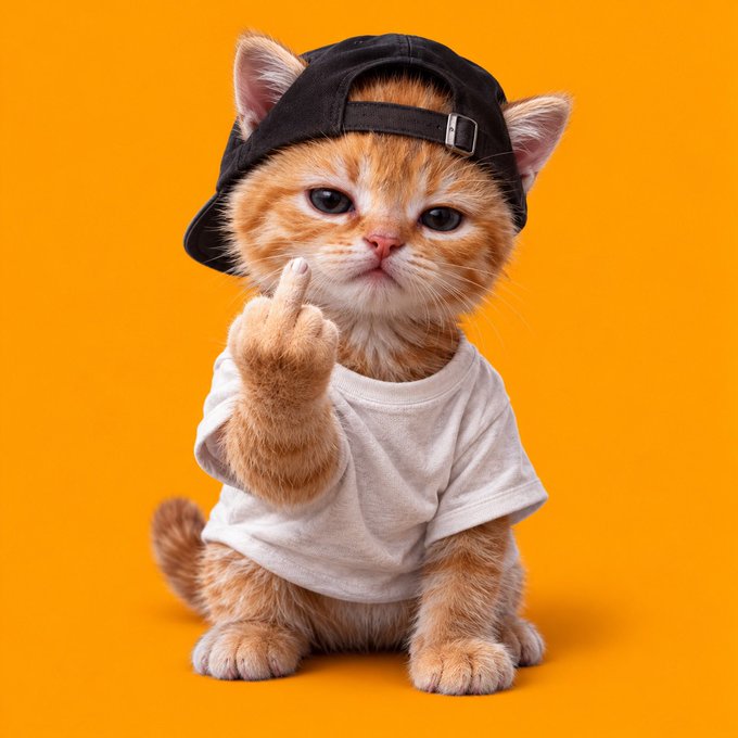 A small orange tabby kitten wearing a backwards black baseball cap and a white t-shirt, raising its paw in a gesture against a solid orange background.
