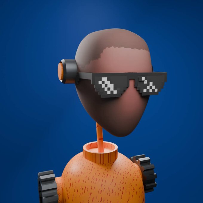 A 3D rendering of a stylized character with a featureless brown face wearing pixelated "deal with it" style sunglasses, set against a solid blue background.