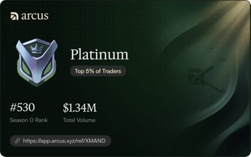 Digital 'Platinum' tier achievement card from Arcus, showing a rank of #530, Top 5% of Traders, and Total Volume of $1.34M.
