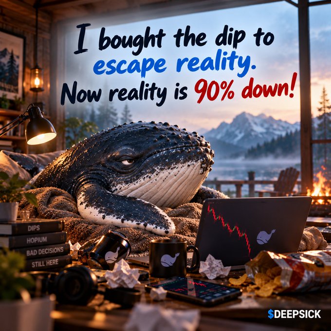 An AI-generated meme featuring a whale slumped on a couch in front of a laptop displaying a declining stock chart, with the text 'I bought the dip to escape reality. Now reality is 90% down!' and branded with 'DEEPSICK'.