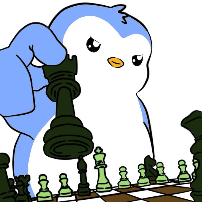 A cartoon illustration of an angry blue penguin holding a large black chess king piece above a chessboard lined with green pawns.
