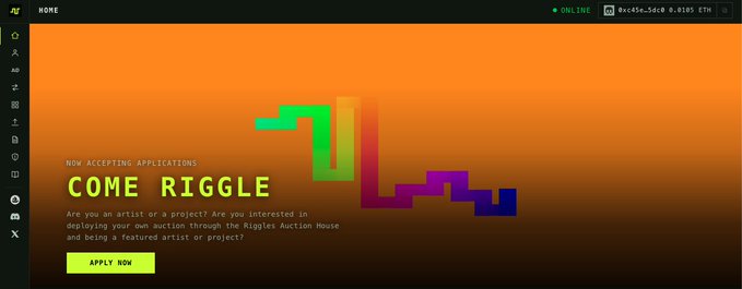A screenshot of a website banner for the "Riggles Auction House" featuring the headline "COME RIGGLE" and an "APPLY NOW" button.