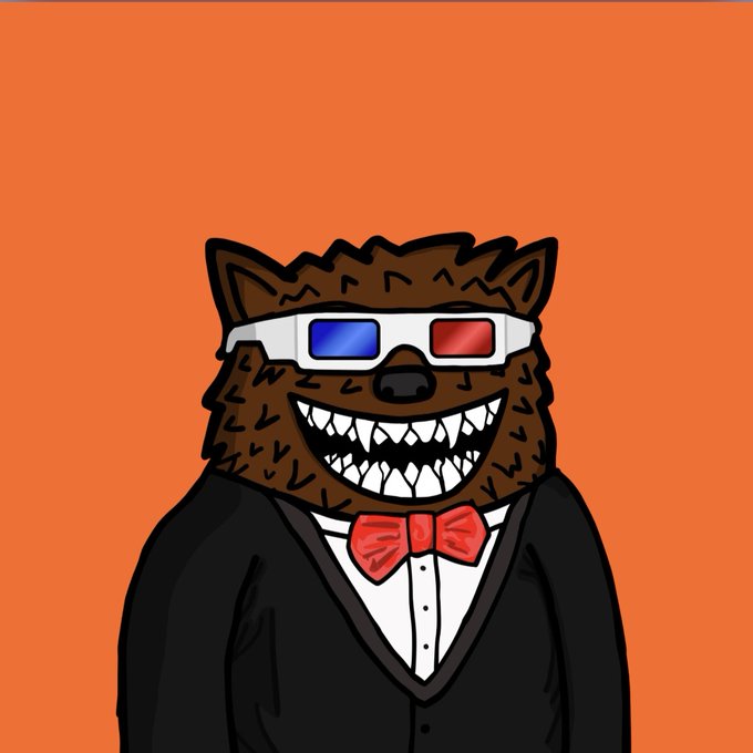 A cartoon illustration of a brown furry creature with a wide, toothy grin, wearing 3D glasses (red/blue lenses), a black tuxedo with a red bow tie, set against an orange background—matching the quirky mascot style of the $FUZZY NFT collection referenced in the post.