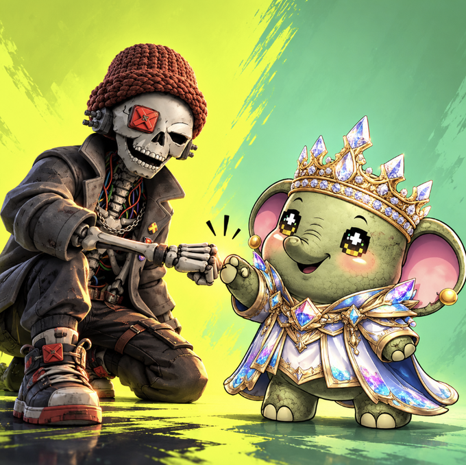 A digital illustration showing a stylized skeleton character in a beanie and jacket fist-bumping a cute, crown-wearing elephant character adorned in crystal armor.
