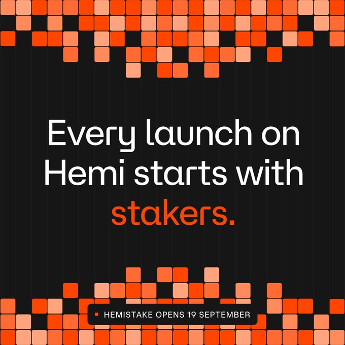 A promotional graphic with orange pixelated patterns and white text reading 'Every launch on Hemi starts with stakers.' with a banner saying 'HEMISTAKE OPENS 19 SEPTEMBER'.