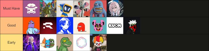 A tier list image showing NFT collections ranked in three categories—"Must Have," "Good," and "Early"—displaying various character avatars and logos, with the only visible text being "KUON" and the tier labels, representing the poster's updated NFT watchlist.