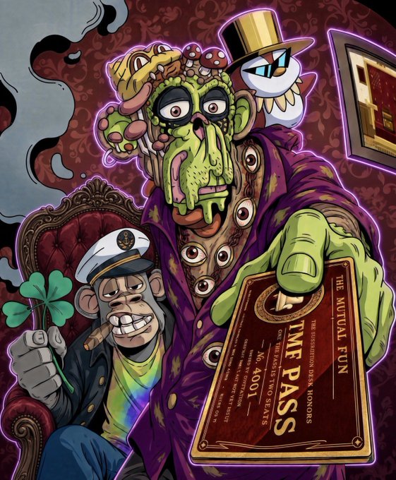 A grotesque, multi-eyed zombie-like figure in a top hat holds up a "$TICKER PASS No. 4001" along with a cigar-smoking monkey, while a ghostly character peers over their shoulder—all promoting an upcoming AMA for The Mutual Fun (TMR) and hinting at bullish sentiment for the project.